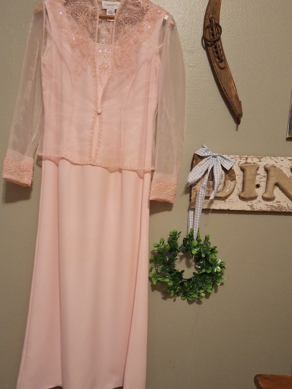Chadwicks Classic Pale Pink Lace Evening Dress Lined Size P6